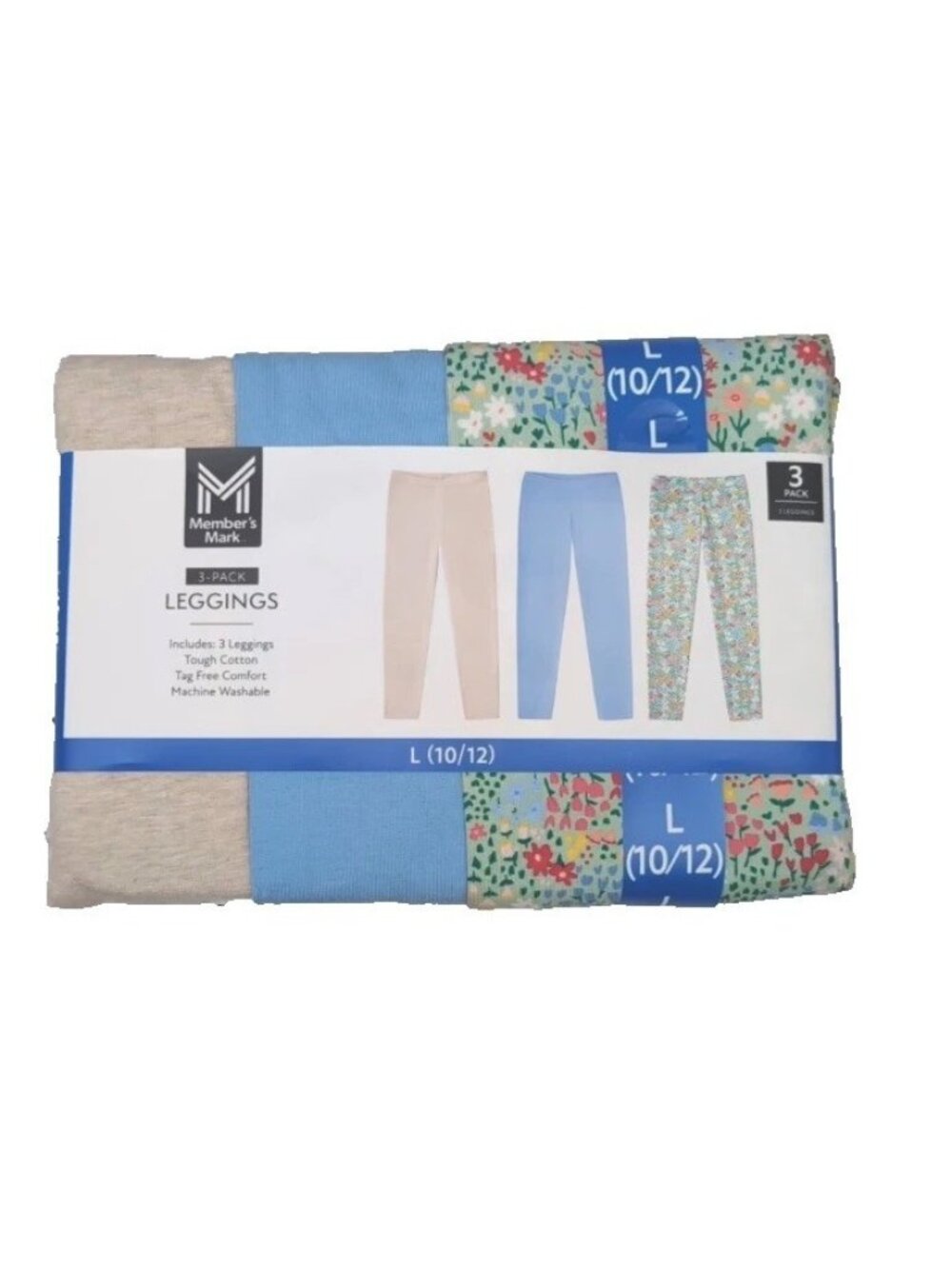 New! Member's Mark Girls 3-Pack Cotton/Spandex Leggings-Size 10/12